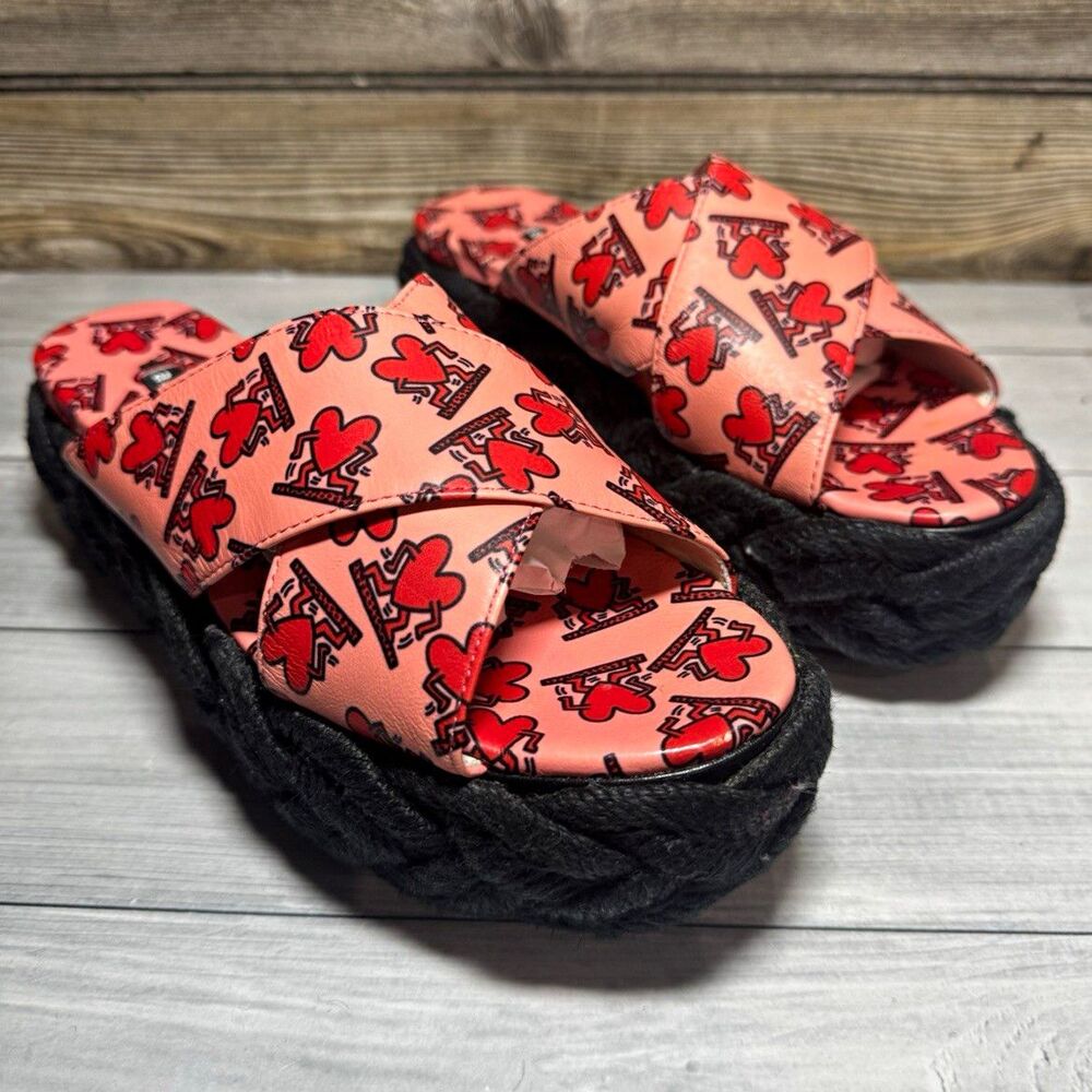 Alice + Olivia Women Leather Slide Sandals Pink/Red Heart Print Platform SZ 7